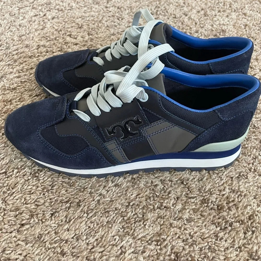 Tory Burch Tory Sport Blue Suede Trainers T Logo